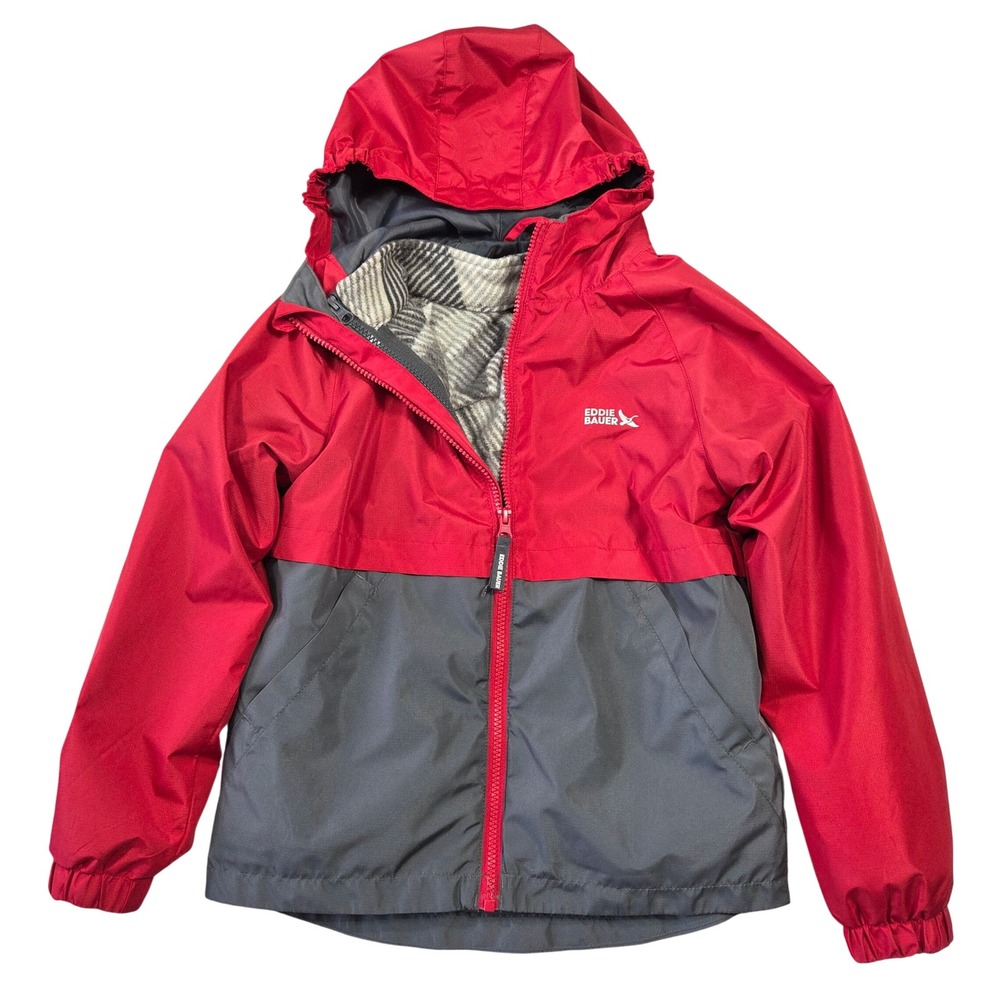 Eddie Bauer Kids Red Grey Fleece Lined Hooded Windbreaker Jacket‎ S 7/8 Outdoors